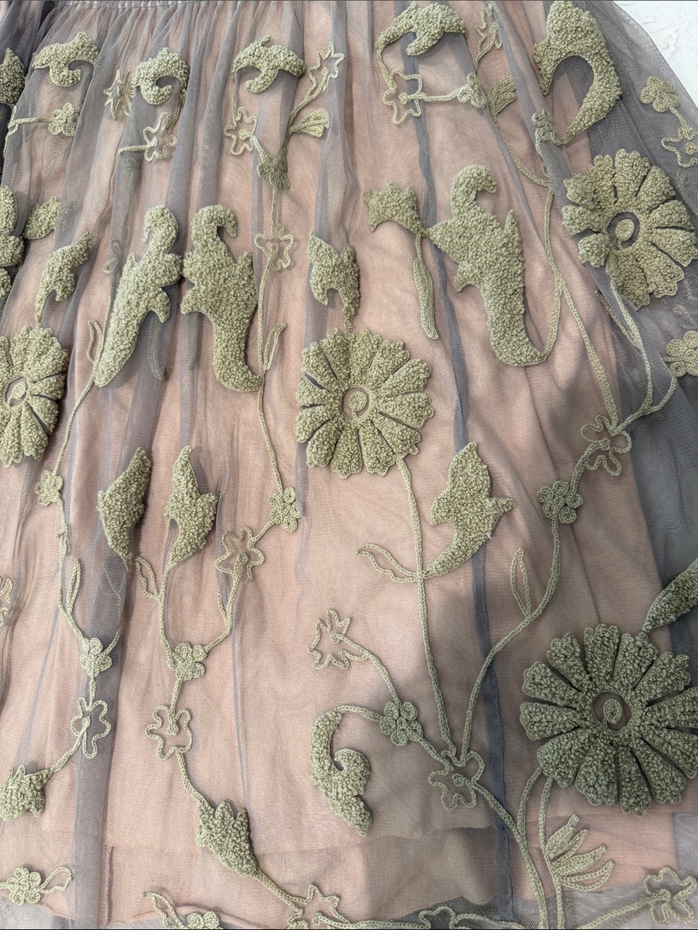 Chan Luu Blush Peach Tulle Midi Skirt with Khaki/ stone Embroidery. - Picture 2 of 6